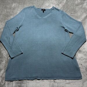 Eileen Fisher Tunic Sweater Womens L Blue V Neck Tibbed Tencel Classic Minimal